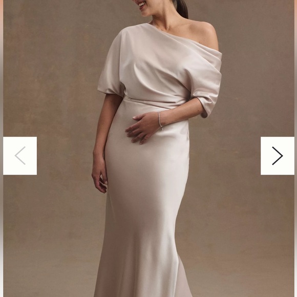Amsale Pryce Off-Shoulder Satin Column Gown champagne color - Picture 2 of 5
